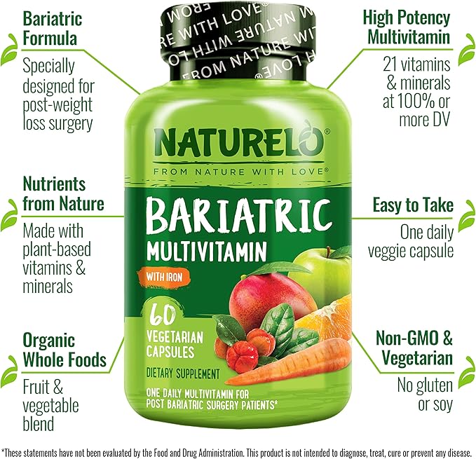 NATURELO Bariatric Multivitamin - One Daily with Iron - Supplement for Post Gastric Bypass Surgery Patients - Natural Whole Food Nutrition - 60 Veggie Capsules-SeraviaPure