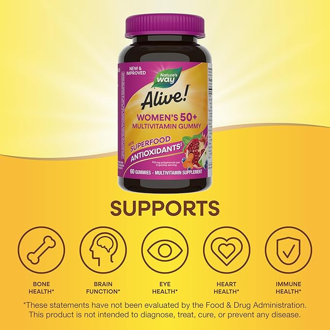 Nature's Way Alive! Women’s 50+ Daily Gummy Multivitamins, Supports Multiple Body Systems*, Supports Healthy Heart, Brain & Bones,* B-Vitamins, Mixed Berry Flavored, 60 Gummies (Packaging May Vary)-SeraviaPure