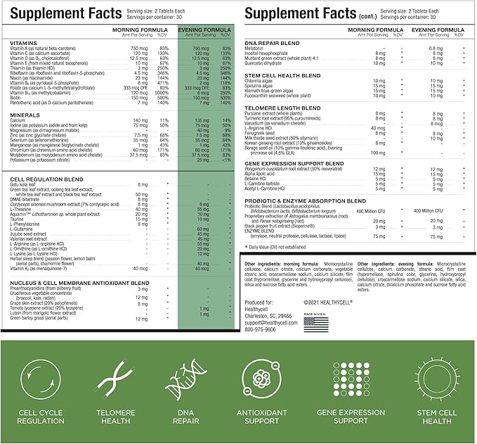Healthycell AM PM, Natural AntiAging Multivitamin for Men, Women, Supports Cell Health, Stem Cells, Energy, Sleep, with Vegetarian Whole Food Vitamins, Antioxidants, Probiotics (30 Servings)-SeraviaPure