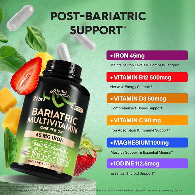 Bariatric Multivitamin - 45 mg Iron Supplements - Made in USA - for Women & Men - All-in-One, 21 Essential Vitamins - Gastric Sleeve Support - Free of Sugar, Gluten & Soy - 90 Capsules-SeraviaPure