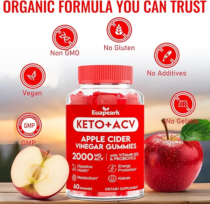 Apple Cider Vinegar Gummies, Keto ACV Gummies with Probiotics, Vitamin B12 & Keto Support, 2000 mg ACV Gummies with Mother for Digestion, Metabolism, Cleanse & Detox Diet, Vegan, Low Sugar, 60 Counts-SeraviaPure