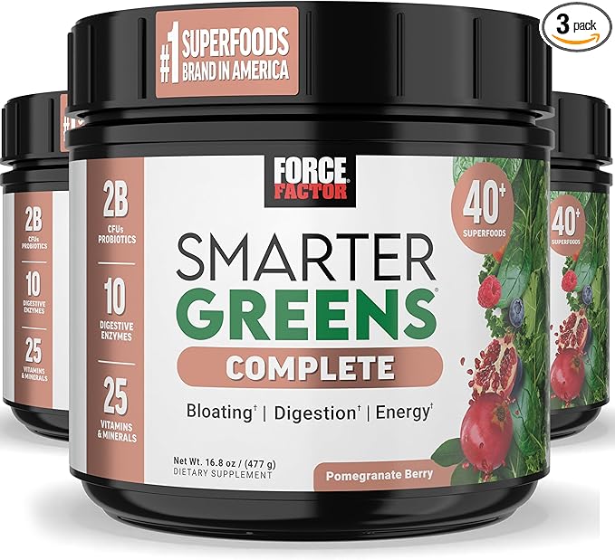 Force Factor Smarter Greens Superfoods + Digestion Powder, 3-Pack, Greens Powder with 2 Billion Probiotics, Digestive Enzymes, and Antioxidants to Detox, Cleanse, and Support Immunity, 90 Servings-SeraviaPure