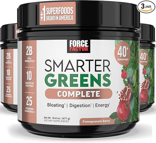 Force Factor Smarter Greens Superfoods + Digestion Powder, 3-Pack, Greens Powder with 2 Billion Probiotics, Digestive Enzymes, and Antioxidants to Detox, Cleanse, and Support Immunity, 90 Servings-SeraviaPure