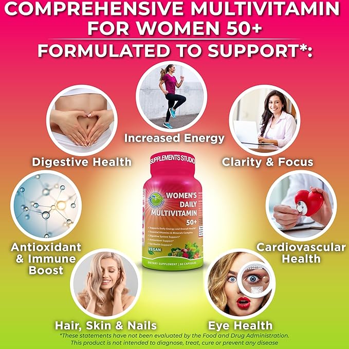 Women's Daily Multivitamin 50 plus - Vegan Multivitamin for Women 50 and over with Biotin, Organic Superfoods, B-Complex, Lutein for Optimal Health, Energy, Gut & Eye Support, Easy to Swallow Capsules-SeraviaPure