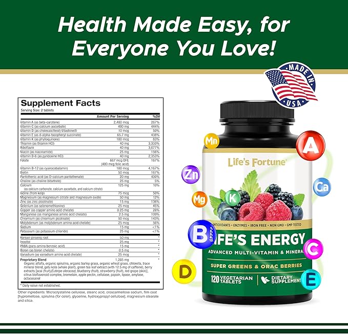Life's Energy Advanced Daily Multivitamin for Men & Women, Energy & Immune Support Supplement with Super Greens - Antioxidants & Enzymes - Iron Free, Vegetarian, 120 Tablets by Life's Fortune-SeraviaPure