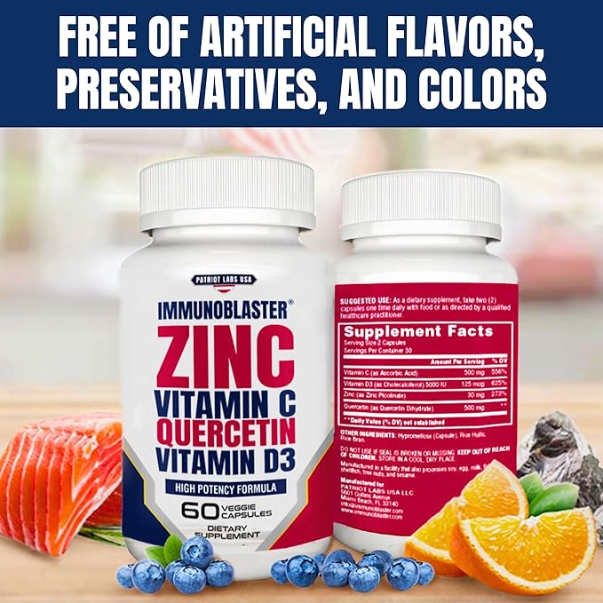 (2 Pack) ImmunoBlaster Zinc Quercetin 500mg with Vitamin D and C Antioxidant Immune Support High Potency Quercetin Zinc Supplement for Men and Women - Gluten, Soy, & Dairy Free - 120 Count (Twin Pack)-SeraviaPure
