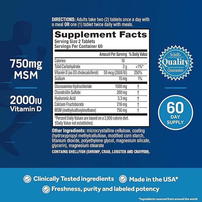 Move Free Advanced Glucosamine Chondroitin MSM + Vitamin D3 Joint Support Supplement, Supports Mobility Comfort Strength Flexibility & Bone + Immune Health - 120 Tablets (60 servings)*-SeraviaPure