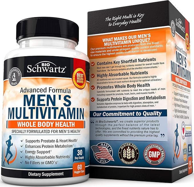Men's Multivitamin with Vitamin C A B D3 E Zinc for Immune Support - Once Daily Supplement for Energy & Heart - Antioxidants & Digestive Enzymes for Absorption - Mental Clarity & Focus Support -60 Ct-SeraviaPure