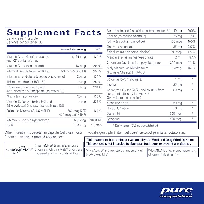 Pure Encapsulations O.N.E. Multivitamin - Once Daily Multivitamin with Antioxidant Complex Metafolin, CoQ10, and Lutein to Support Vision, Cognitive Function, and Cellular Health* - 30 Capsules-SeraviaPure