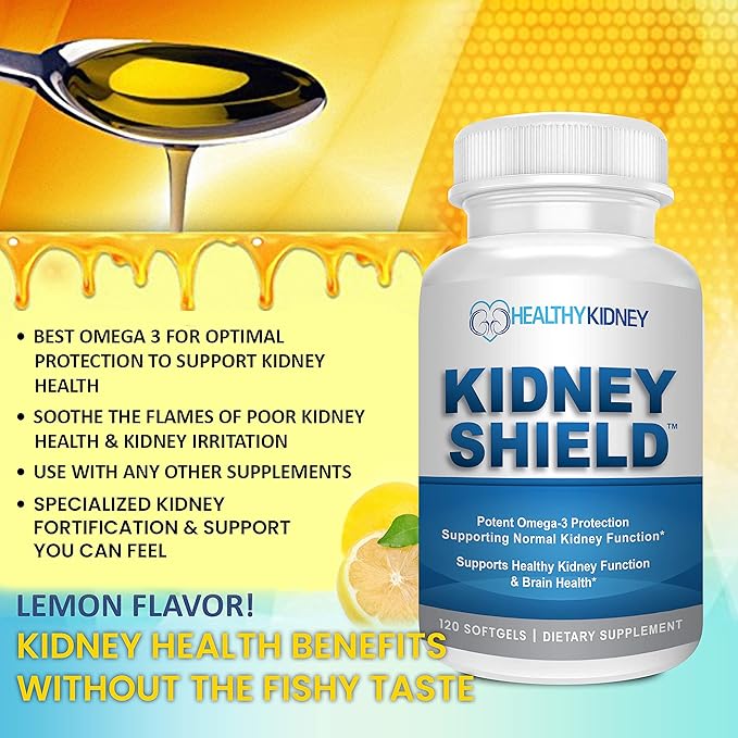 Kidney Shield Omega 3 Fish Oil Supplements - DHA EPA Omega 3 Supplement for Women & Men Kidney Health - Omega3 to Support Normal Kidney Function & Kidney Cleanse Detox & Repair - 120 Lemon Softgels-SeraviaPure