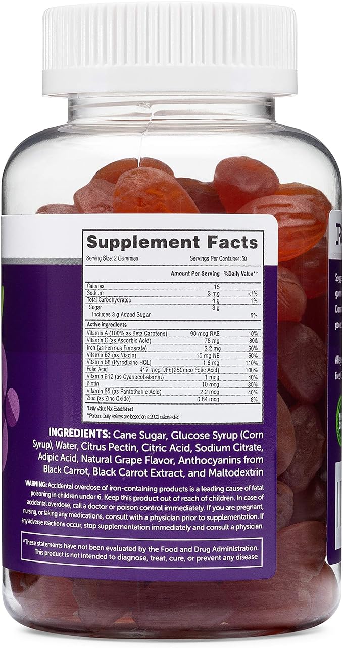Iron Gummies for Adults and Kids, Chewable Multivitamin Supplement with Iron, Vitamin C, A, B, Zinc, Folic Acid, and Biotin (Grape Flavored) Vegan Safe, Made in The USA from HERBATECH-SeraviaPure