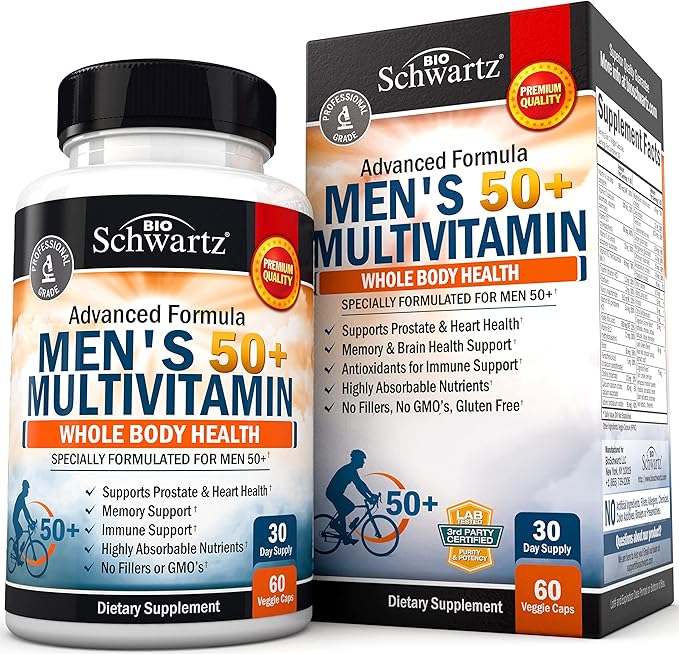 Once Daily Multivitamin for Men 50 and Over - Supplement for Heart Health Support - with Zinc, A, B, C, D3, E Vitamins - for Memory & Brain Health Support - Designed for Whole Body Health - 60 Count-SeraviaPure