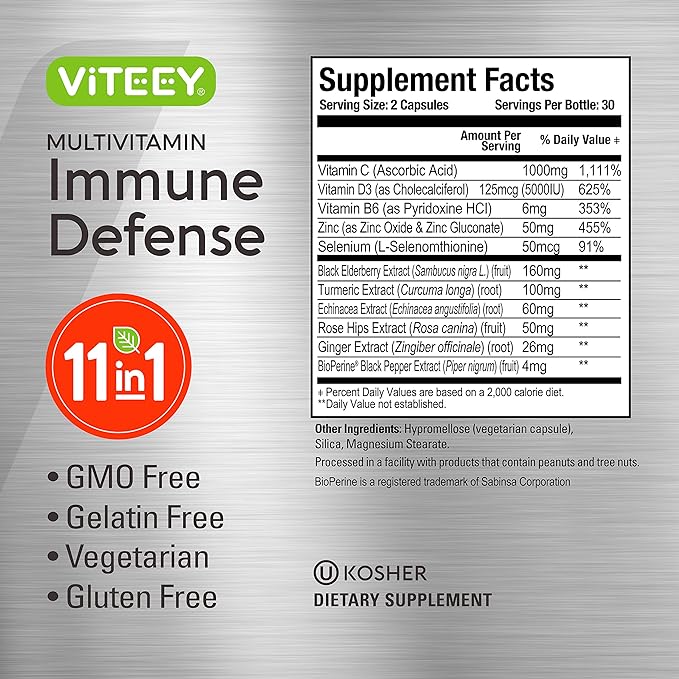 11 in 1 Multivitamin Immune Defense Supplement - Immune Booster Capsules with Vitamin D3, Vitamin B6, Echinacea, Turmeric, Rose-HIPS, Selenium, BioPerine, Ginger, Elderberry Vitamin C and Zinc-SeraviaPure