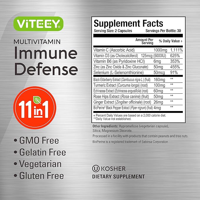 11 in 1 Multivitamin Immune Defense Supplement - Immune Booster Capsules with Vitamin D3, Vitamin B6, Echinacea, Turmeric, Rose-HIPS, Selenium, BioPerine, Ginger, Elderberry Vitamin C and Zinc-SeraviaPure