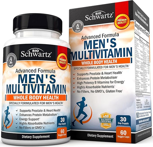 Men's Multivitamin with Vitamin C A B D3 E Zinc for Immune Support - Once Daily Supplement for Energy & Heart - Antioxidants & Digestive Enzymes for Absorption - Mental Clarity & Focus Support -60 Ct-SeraviaPure