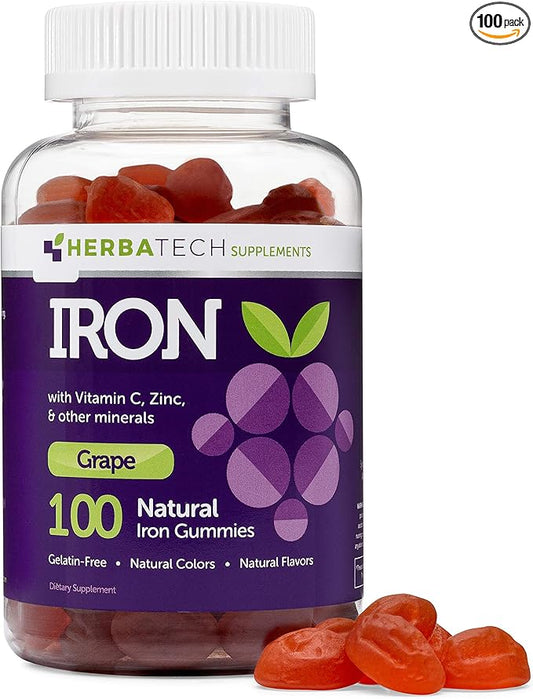 Iron Gummies for Adults and Kids, Chewable Multivitamin Supplement with Iron, Vitamin C, A, B, Zinc, Folic Acid, and Biotin (Grape Flavored) Vegan Safe, Made in The USA from HERBATECH-SeraviaPure