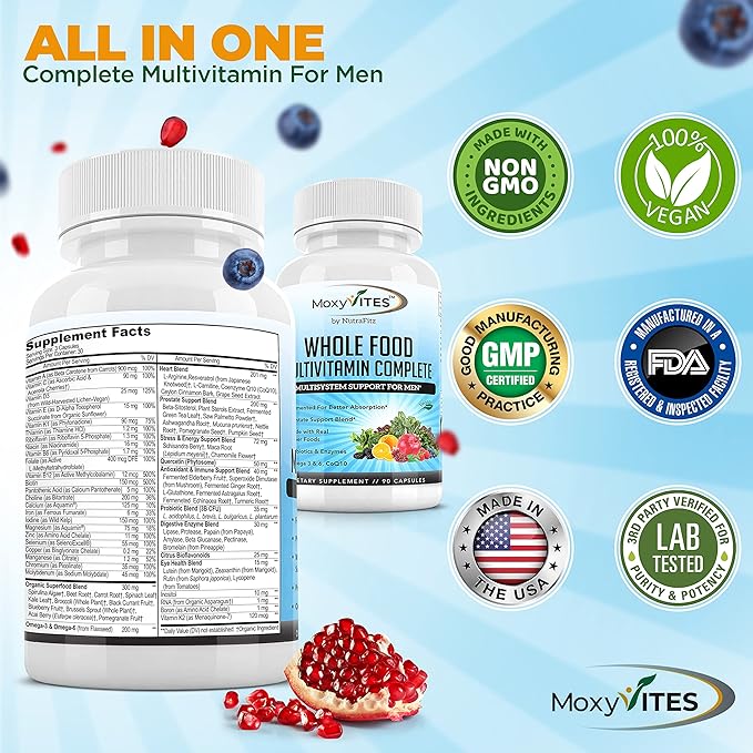 Mens Multivitamins - Daily Mens Vitamins with 44 Organic Whole Food - Multivitamin for Men with Iron & Fermented Nutrients - Vegan Daily Vitamin for Men with B-Complex, Probiotics, Omegas-SeraviaPure