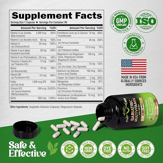 Bariatric Multivitamin - 45 mg Iron Supplements - Made in USA - for Women & Men - All-in-One, 21 Essential Vitamins - Gastric Sleeve Support - Free of Sugar, Gluten & Soy - 90 Capsules-SeraviaPure