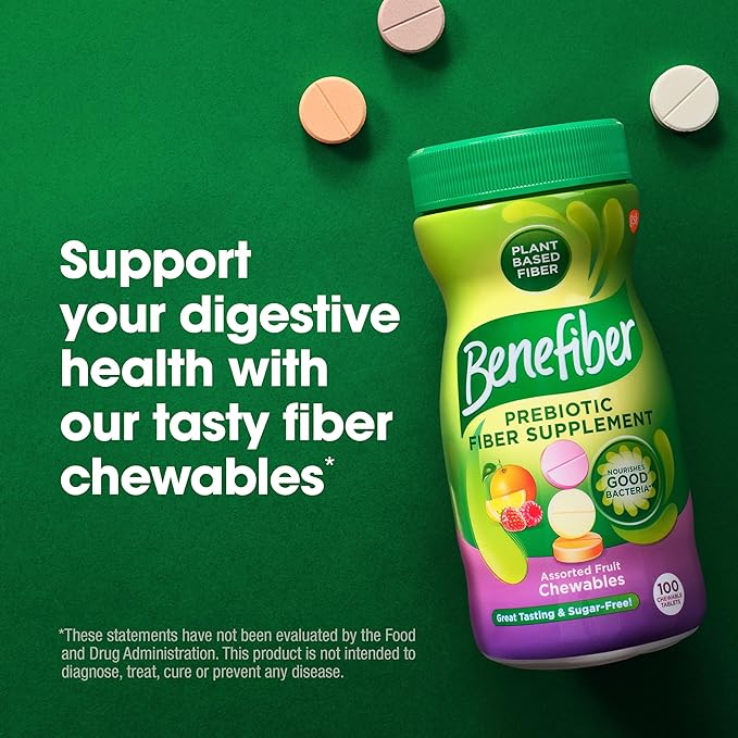 Benefiber Chewable Prebiotic Fiber Supplement Tablets for Digestive Health, Assorted Fruit Flavors - 100 Count-SeraviaPure