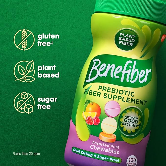 Benefiber Chewable Prebiotic Fiber Supplement Tablets for Digestive Health, Assorted Fruit Flavors - 100 Count-SeraviaPure