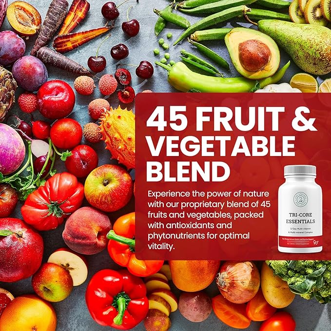 Tri-Core Essentials - 3 A Day Comprehensive Multivitamin Multimineral Complex with Probiotics, Prebiotics, Digestive Enzymes, Mushrooms, Adaptogens, and 45 Fruits and Vegetables - 180 Tablets-SeraviaPure