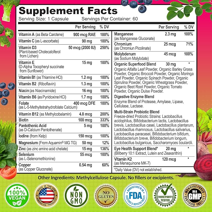 Women's Daily Multivitamin 50 plus - Vegan Multivitamin for Women 50 and over with Biotin, Organic Superfoods, B-Complex, Lutein for Optimal Health, Energy, Gut & Eye Support, Easy to Swallow Capsules-SeraviaPure