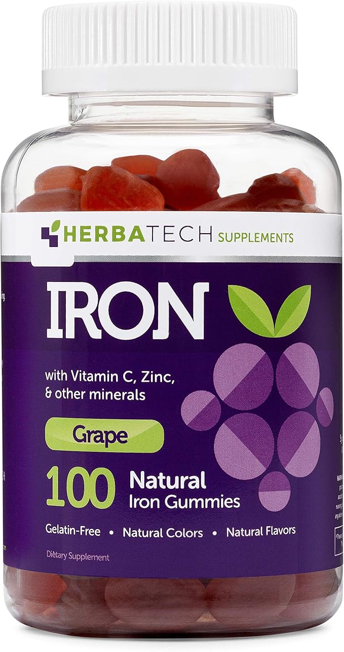 Iron Gummies for Adults and Kids, Chewable Multivitamin Supplement with Iron, Vitamin C, A, B, Zinc, Folic Acid, and Biotin (Grape Flavored) Vegan Safe, Made in The USA from HERBATECH-SeraviaPure