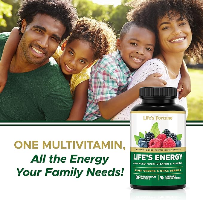 Life's Energy Advanced Daily Multivitamin for Men & Women, Energy and Immune Support Supplement with Super Greens, Antioxidants, Enzymes - Iron Free, Vegetarian, 60 Tablets by Life's Fortune-SeraviaPure