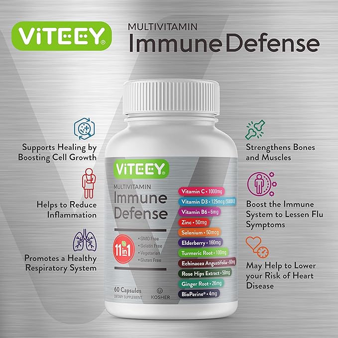 11 in 1 Multivitamin Immune Defense Supplement - Immune Booster Capsules with Vitamin D3, Vitamin B6, Echinacea, Turmeric, Rose-HIPS, Selenium, BioPerine, Ginger, Elderberry Vitamin C and Zinc-SeraviaPure