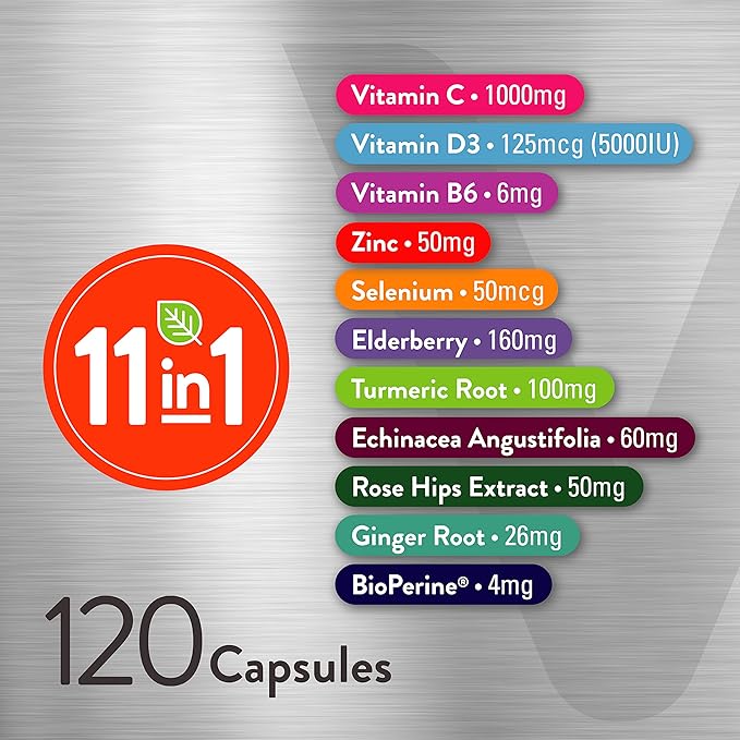 11 in 1 Multivitamin Immune Defense Supplement - Immune Booster Capsules with Vitamin D3, Vitamin B6, Echinacea, Turmeric, Rose-HIPS, Selenium, BioPerine, Ginger, Elderberry Vitamin C and Zinc-SeraviaPure