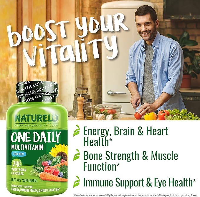NATURELO Mens Multivitamins - One Daily Multivitamin for Men with Vitamins, Minerals & Organic Whole Foods, Boost Energy & Health, Non-GMO, 240 Vegetarian Capsules-SeraviaPure