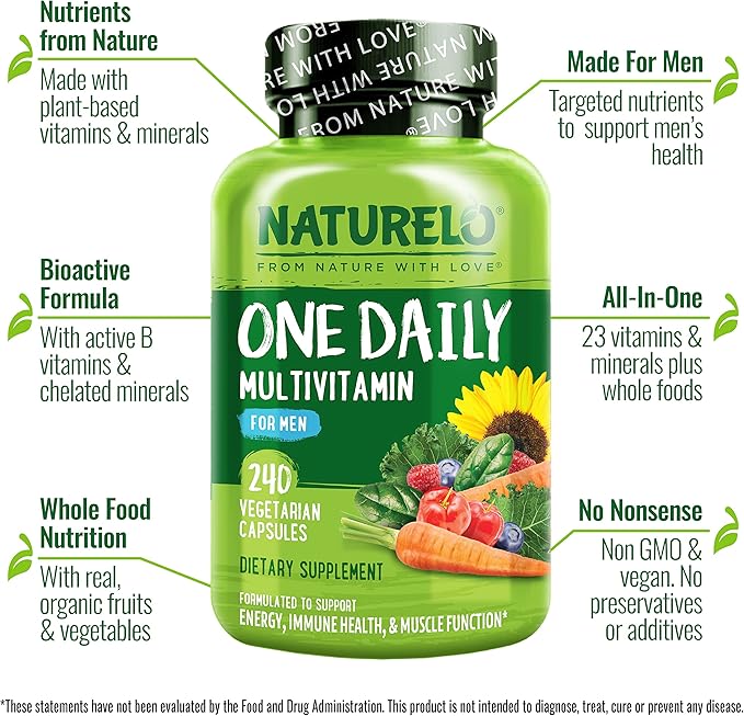NATURELO Mens Multivitamins - One Daily Multivitamin for Men with Vitamins, Minerals & Organic Whole Foods, Boost Energy & Health, Non-GMO, 240 Vegetarian Capsules-SeraviaPure