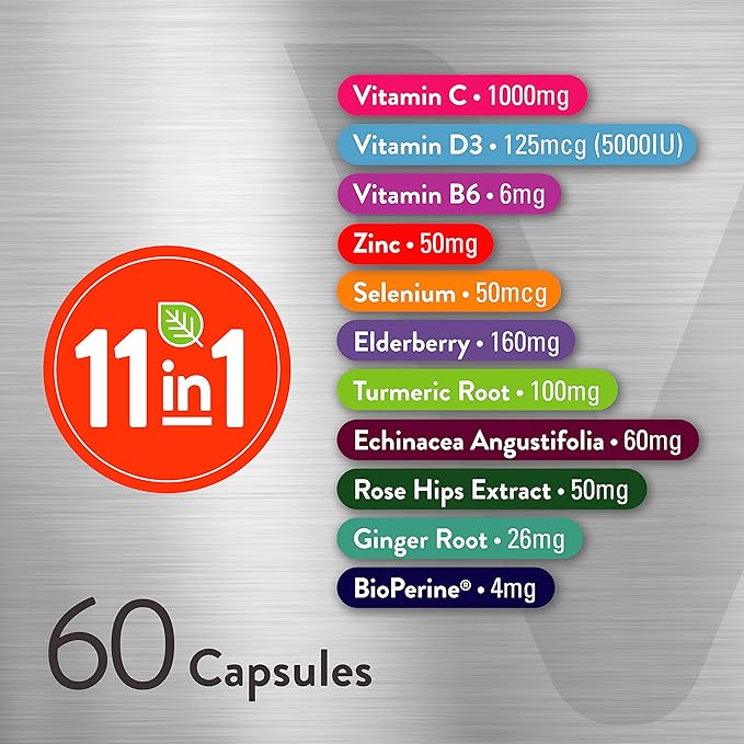 11 in 1 Multivitamin Immune Defense Supplement - Immune Booster Capsules with Vitamin D3, Vitamin B6, Echinacea, Turmeric, Rose-HIPS, Selenium, BioPerine, Ginger, Elderberry Vitamin C and Zinc-SeraviaPure