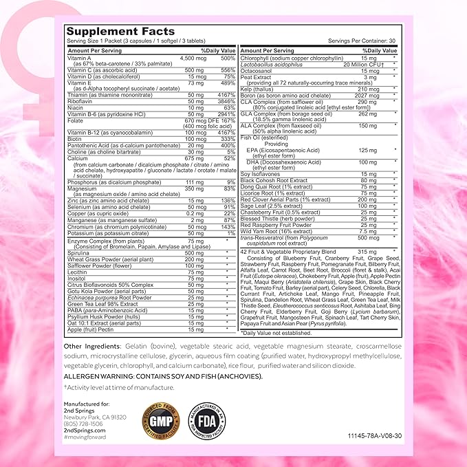 Daily 7 Essentials Women's Vitamin Pack -7 Pack Complete Women's Multivitamin Packet with Energy, Metabolism, Immune System, Women's Health Support with Probiotics, More-SeraviaPure