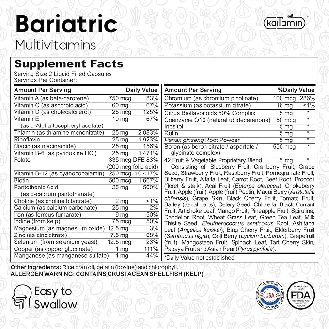Bariatric Multivitamin with Iron - Easy-to-Swallow Capsule for Post Bariatric Surgery - Post Sleeve and Post Bypass with 42 Fruit & Veggies Blend - 60 Liquid Capsules - 1 Months’ Supply-SeraviaPure