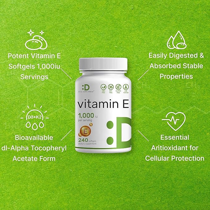 DEAL SUPPLEMENT Vitamin E Supplements, 1,000 IU Per Serving, 240 Softgels – Extra Strength Antioxidant Protection – Bioavailable Stable Form – Skin, Heart, Brain, & Immune Support – Non-GMO-SeraviaPure