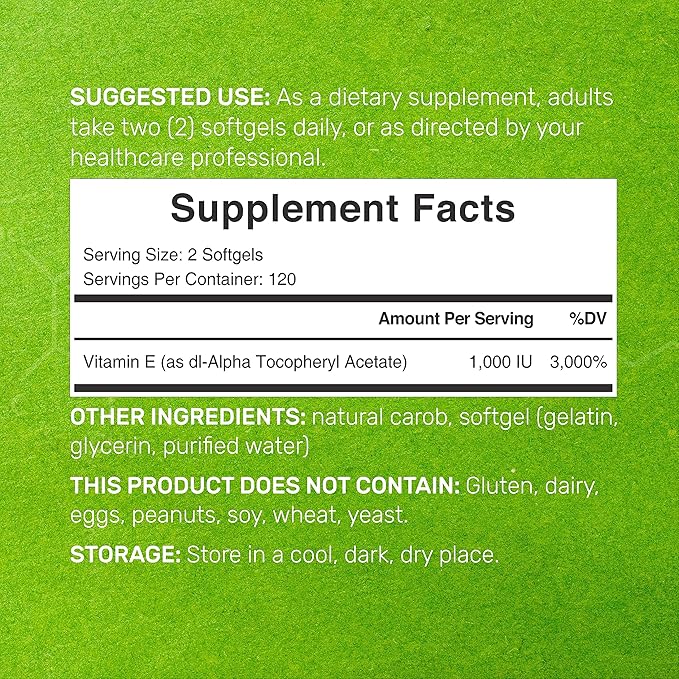 DEAL SUPPLEMENT Vitamin E Supplements, 1,000 IU Per Serving, 240 Softgels – Extra Strength Antioxidant Protection – Bioavailable Stable Form – Skin, Heart, Brain, & Immune Support – Non-GMO-SeraviaPure