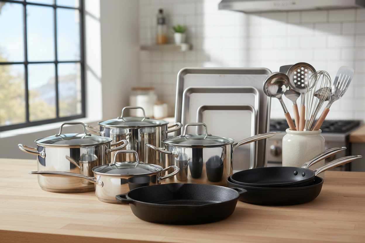 Pots, pans, baking sheets, and more for all your cooking needs. (make it real photo)