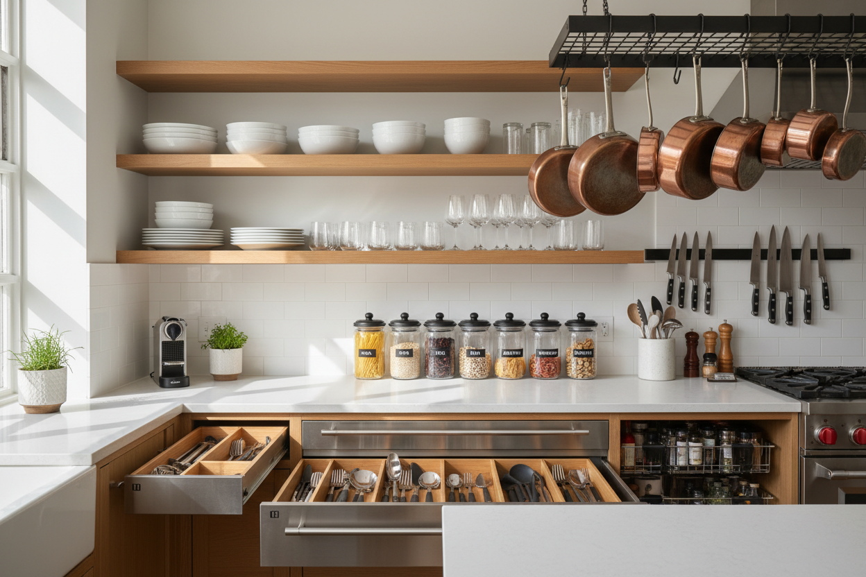 Storage & Organization: Smart solutions to keep your kitchen tidy and efficient. (make it real photo)
